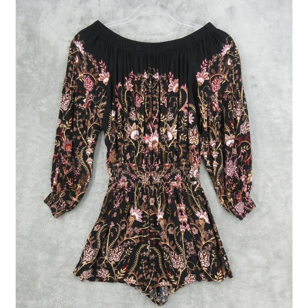 Free People Romper‎ Women XS Floral Boho Off Shoulder Smocked Waist Cutout Back